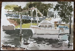 Teddington Bridge River Thames Scene with Boat Swan and Trees Watercolour