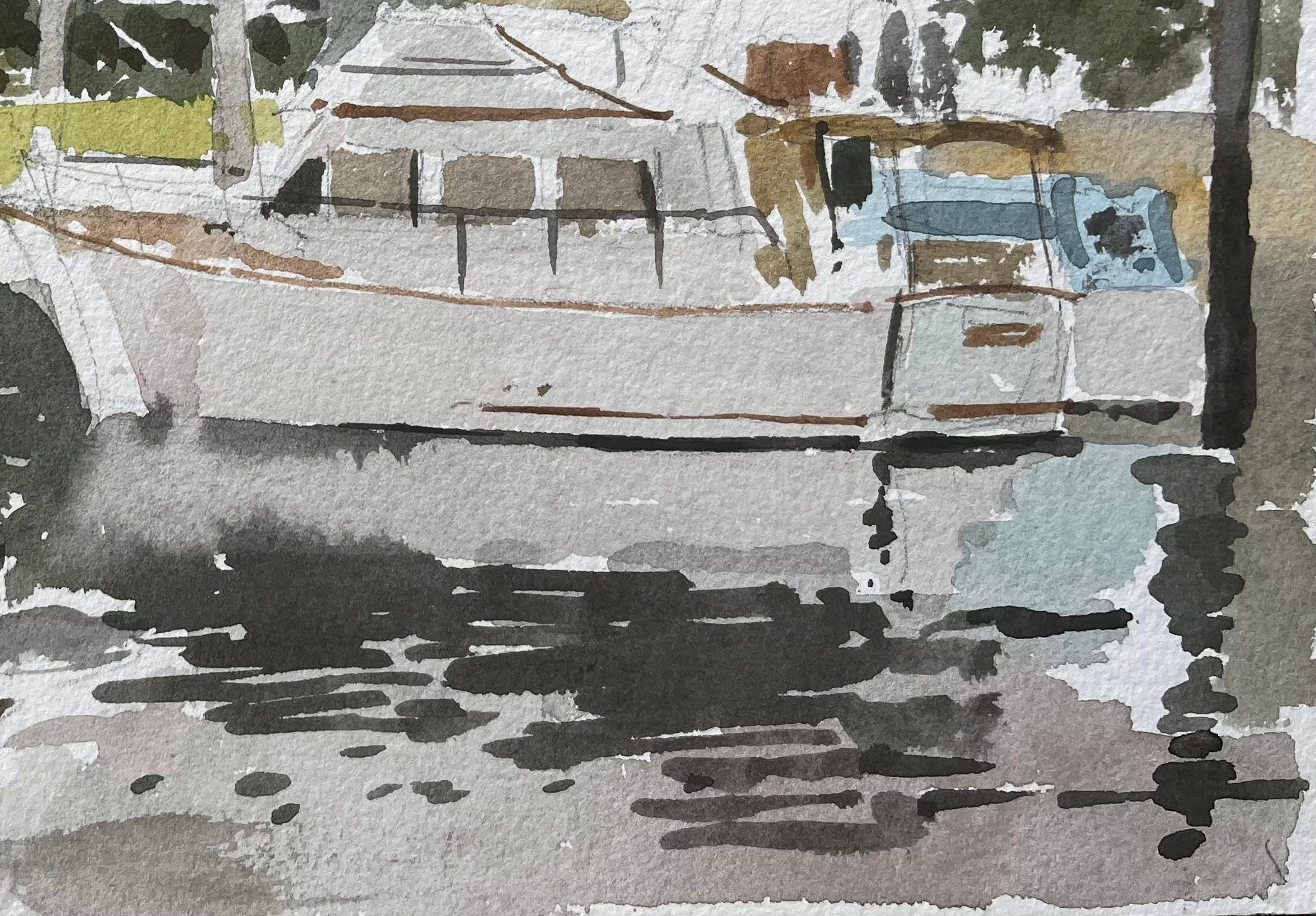 Teddington Bridge Fluss Themse Szene mit Boot Schwan und Bäume Aquarell (Impressionismus), Art, von Anthony Herbert