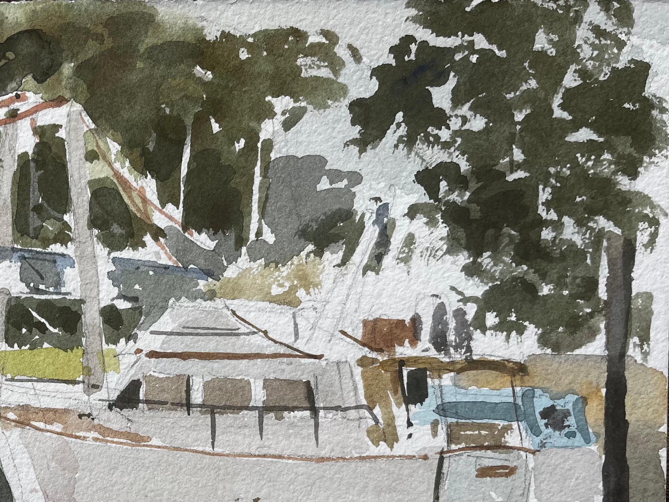 Teddington Bridge Fluss Themse Szene mit Boot Schwan und Bäume Aquarell (Grau), Landscape Art, von Anthony Herbert