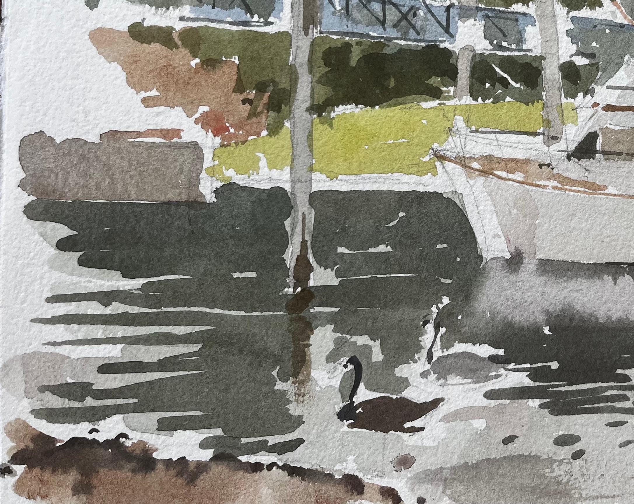Teddington Bridge Fluss Themse Szene mit Boot Schwan und Bäume Aquarell im Angebot 1