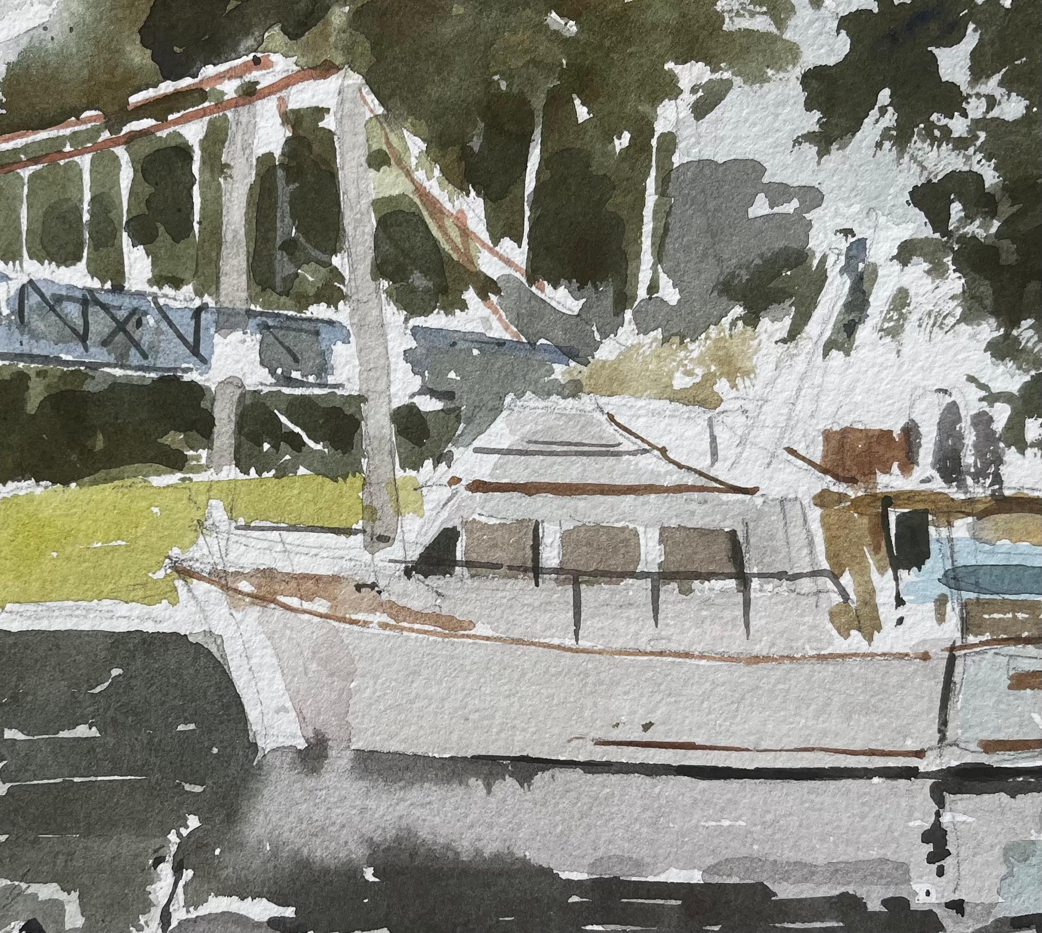 Teddington Bridge Fluss Themse Szene mit Boot Schwan und Bäume Aquarell im Angebot 2