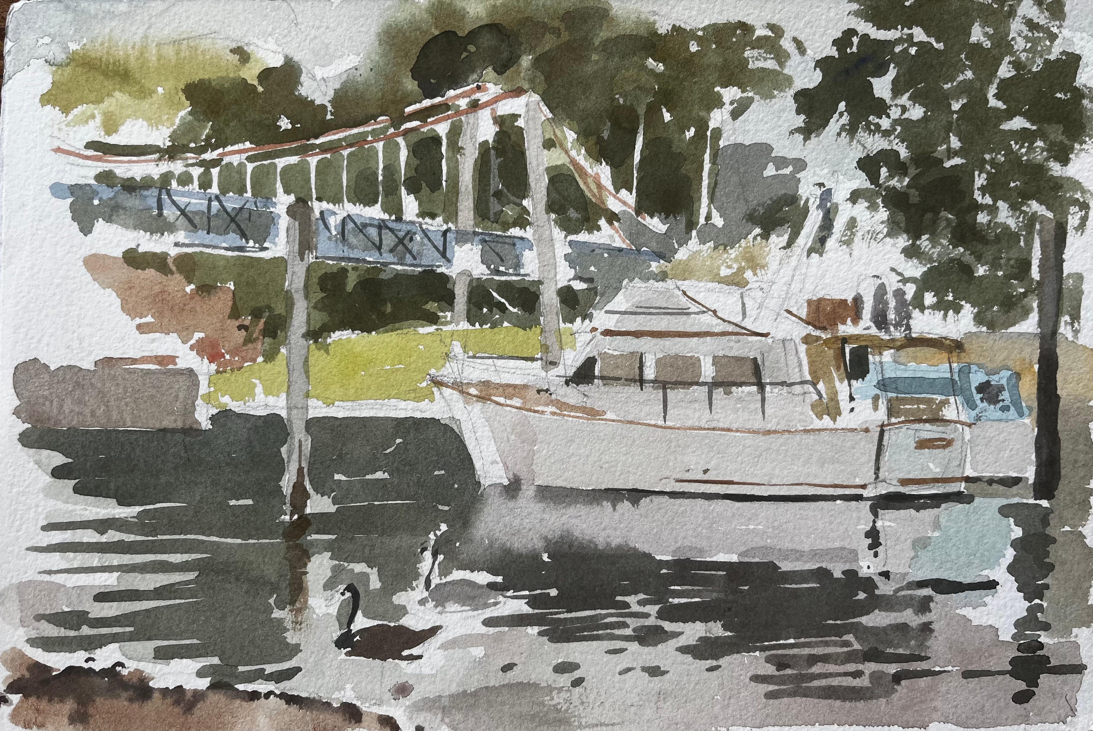 Anthony Herbert Landscape Art – Teddington Bridge Fluss Themse Szene mit Boot Schwan und Bäume Aquarell
