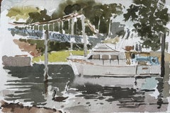 Teddington Bridge Fluss Themse Szene mit Boot Schwan und Bäume Aquarell