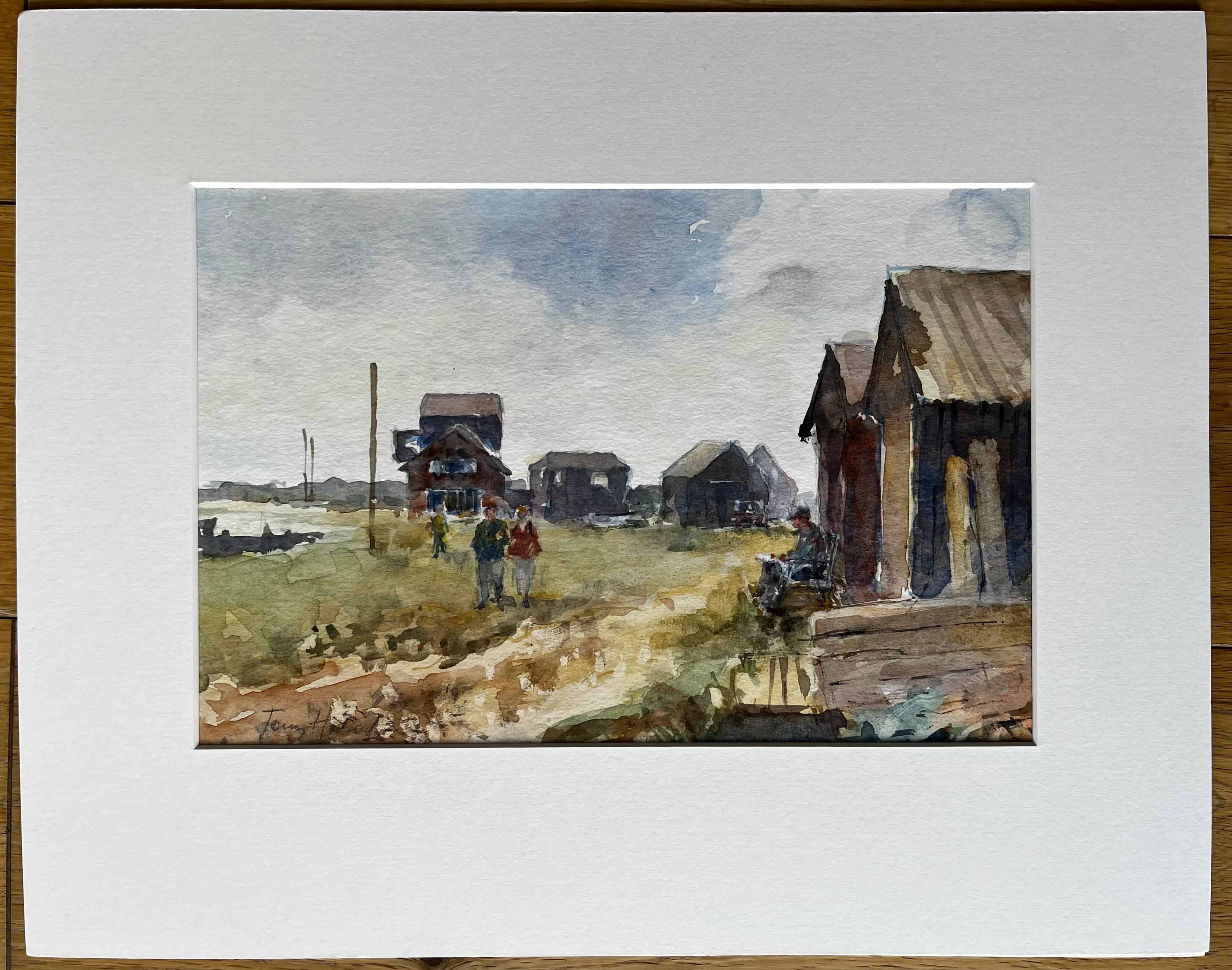 Der Fährmann Walberswick mit Figuren und Hütten Original Suffolk Aquarell – Painting von Anthony Herbert