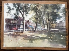 Tree Lined Street with Shops and Red Car West London Suburban Watercolour Scene