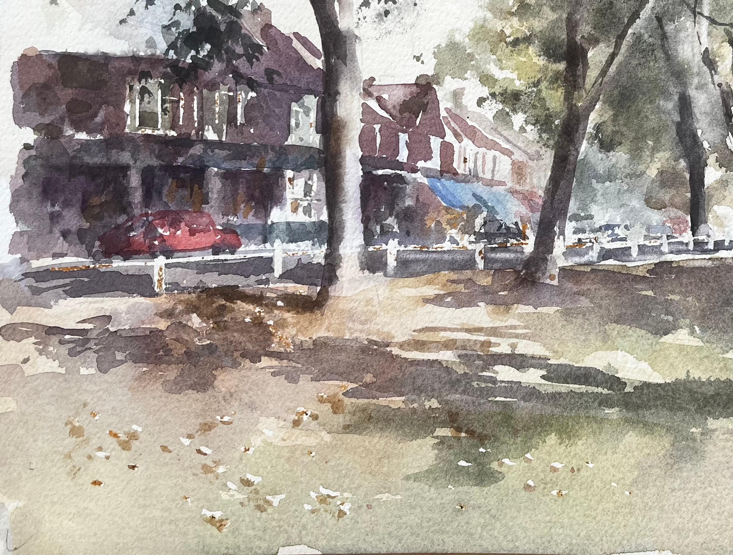 Von Bäumen gesäumte Straße mit Geschäften und rotem Auto West Londoner Vorstadt-Aquarell-Szene (Grau), Landscape Art, von Anthony Herbert