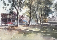 Von Bäumen gesäumte Straße mit Geschäften und rotem Auto West Londoner Vorstadt-Aquarell-Szene