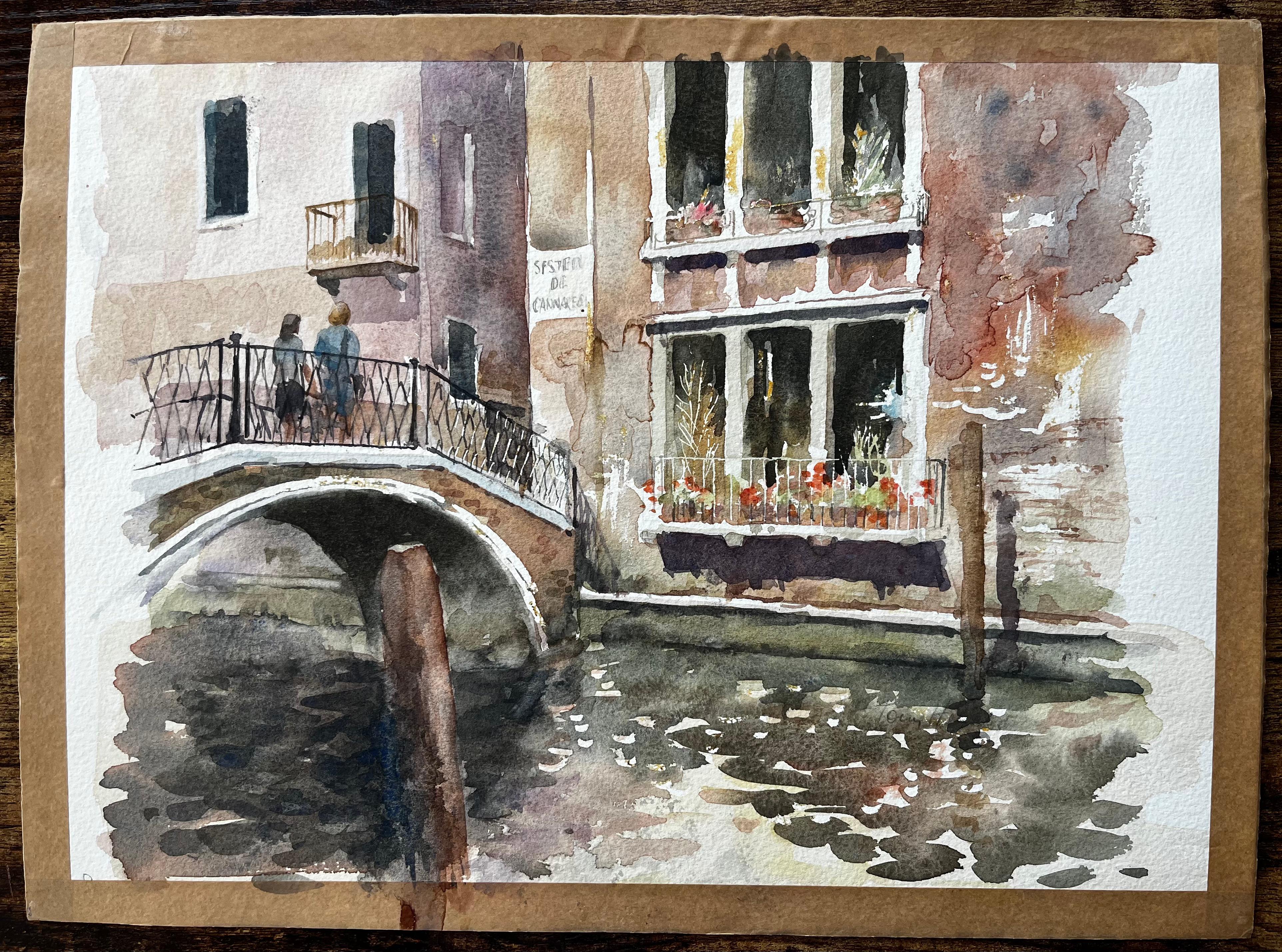 Venice Canal Bridge Scene With Flower Boxes And Reflections Original Watercolour - Painting by Anthony Herbert
