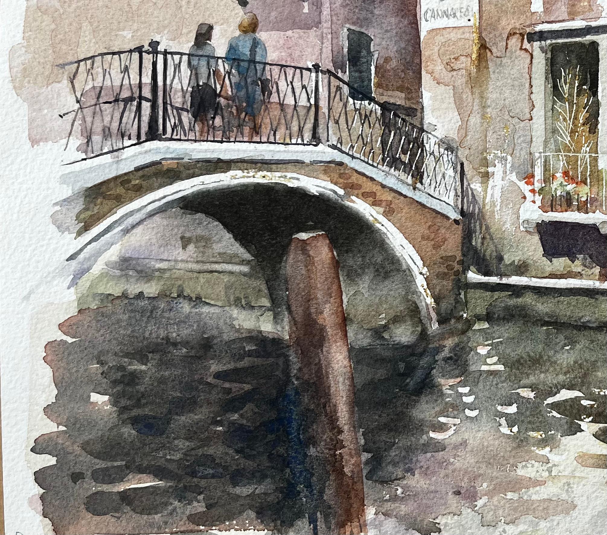 Venice Canal Bridge Scene With Flower Boxes And Reflections Original Watercolour - Impressionist Painting by Anthony Herbert