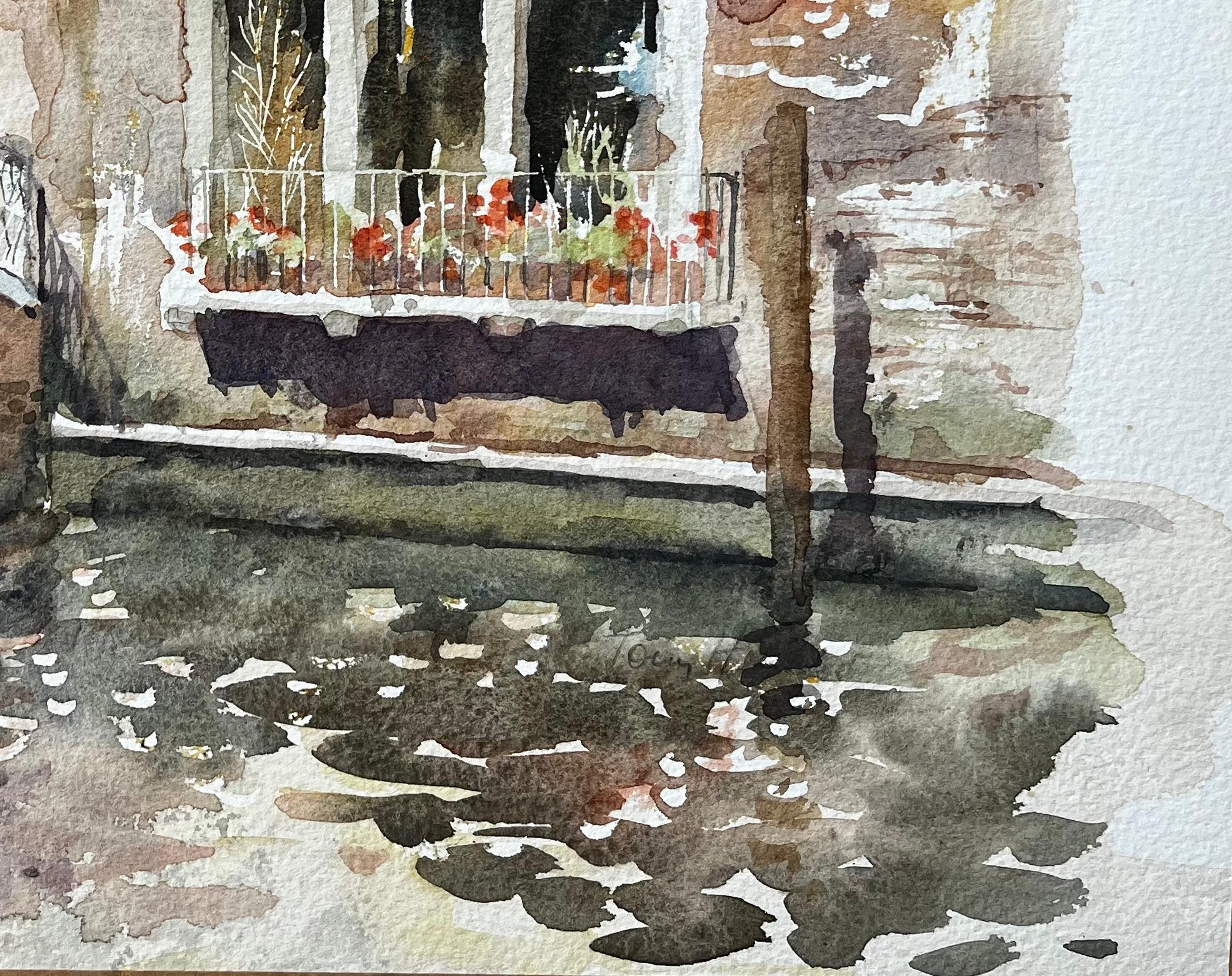 Venice Canal Bridge Scene With Flower Boxes And Reflections Original Watercolour - Gray Landscape Painting by Anthony Herbert