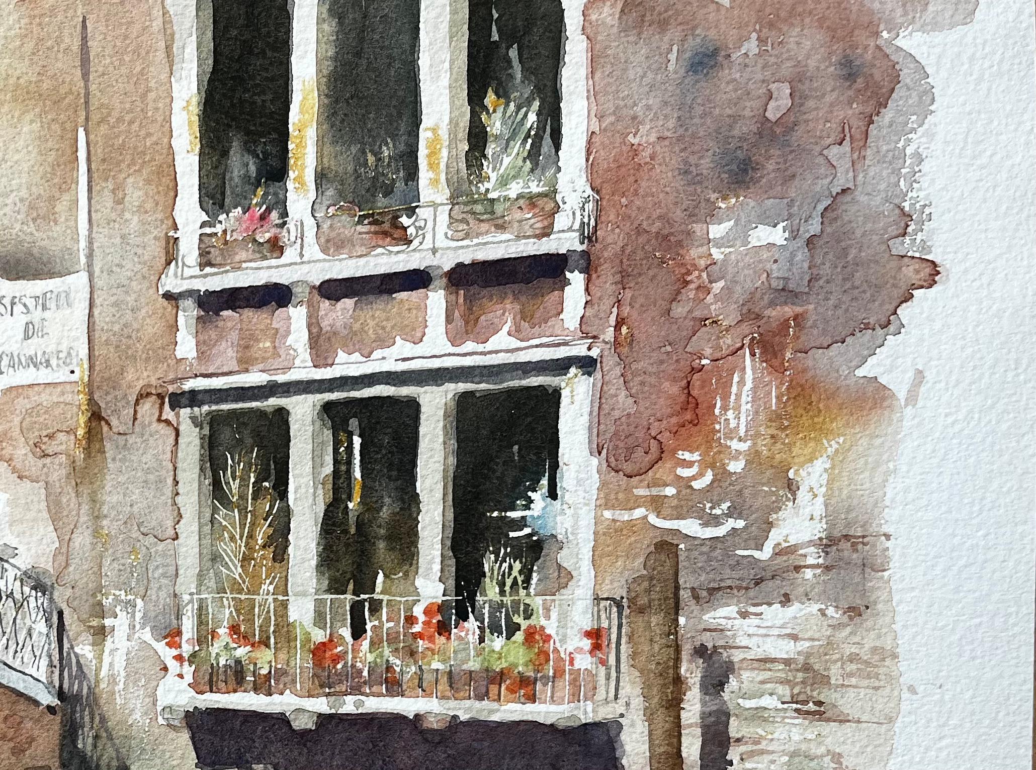 Venice Canal Bridge Scene With Flower Boxes And Reflections Original Watercolour For Sale 1