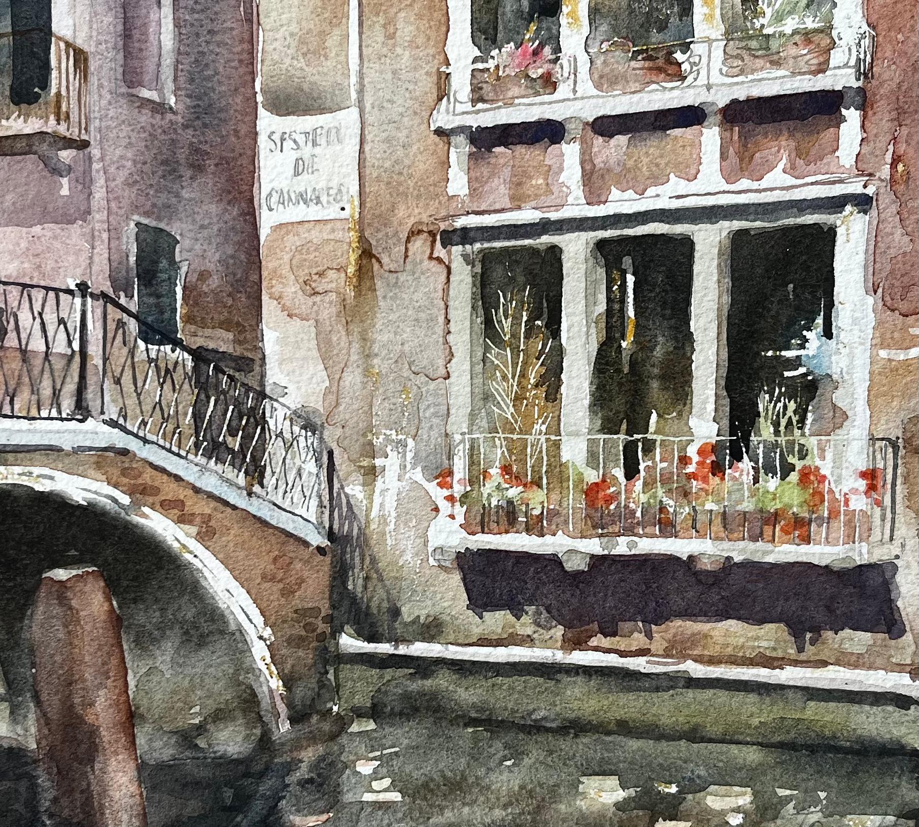 Venice Canal Bridge Scene With Flower Boxes And Reflections Original Watercolour For Sale 2