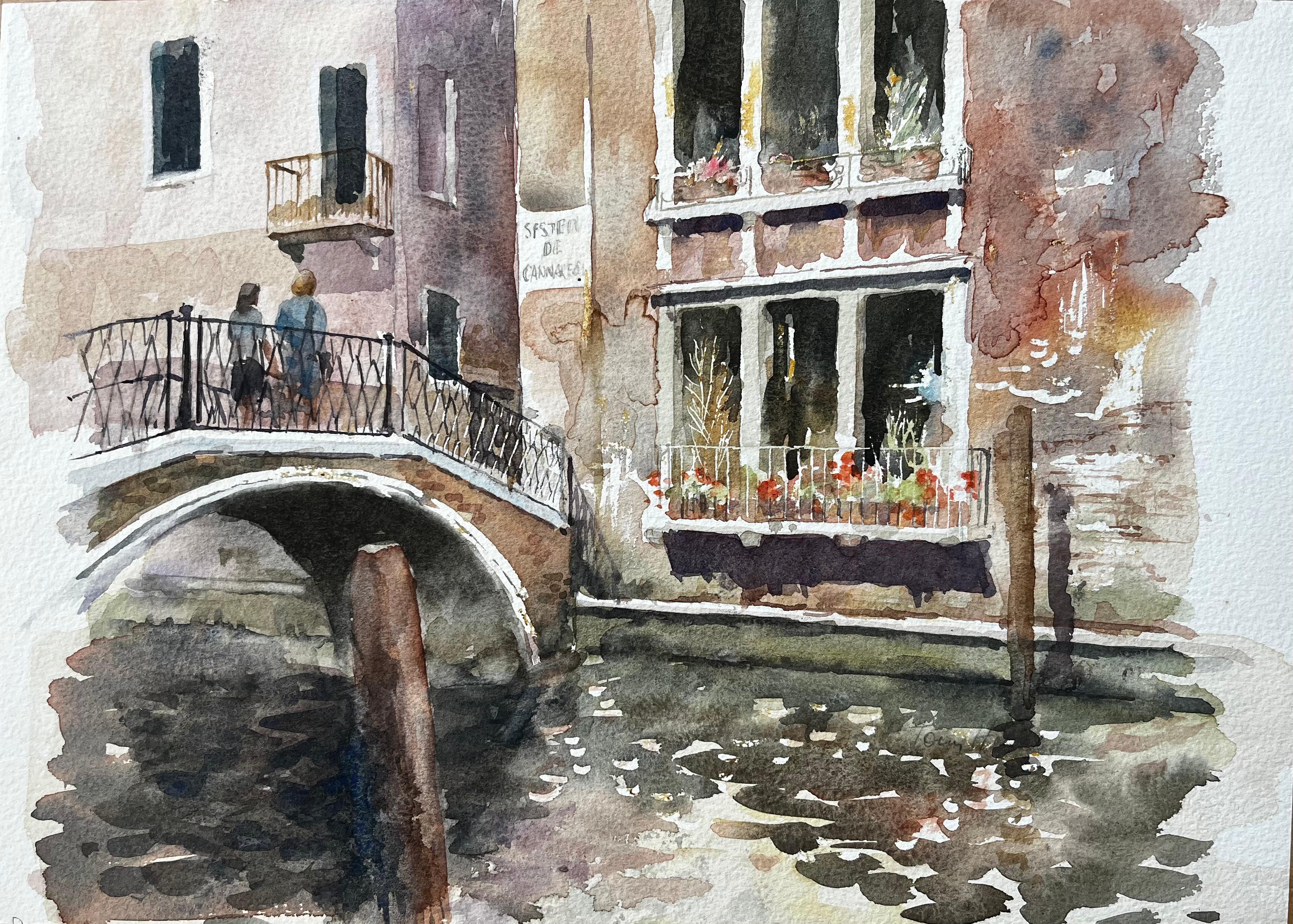 Anthony Herbert Landscape Painting - Venice Canal Bridge Scene With Flower Boxes And Reflections Original Watercolour