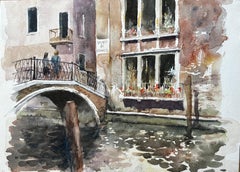 Escena Del Puente Del Canal De Venecia Con Cajas De Flores Y Reflejos Acuarela Original