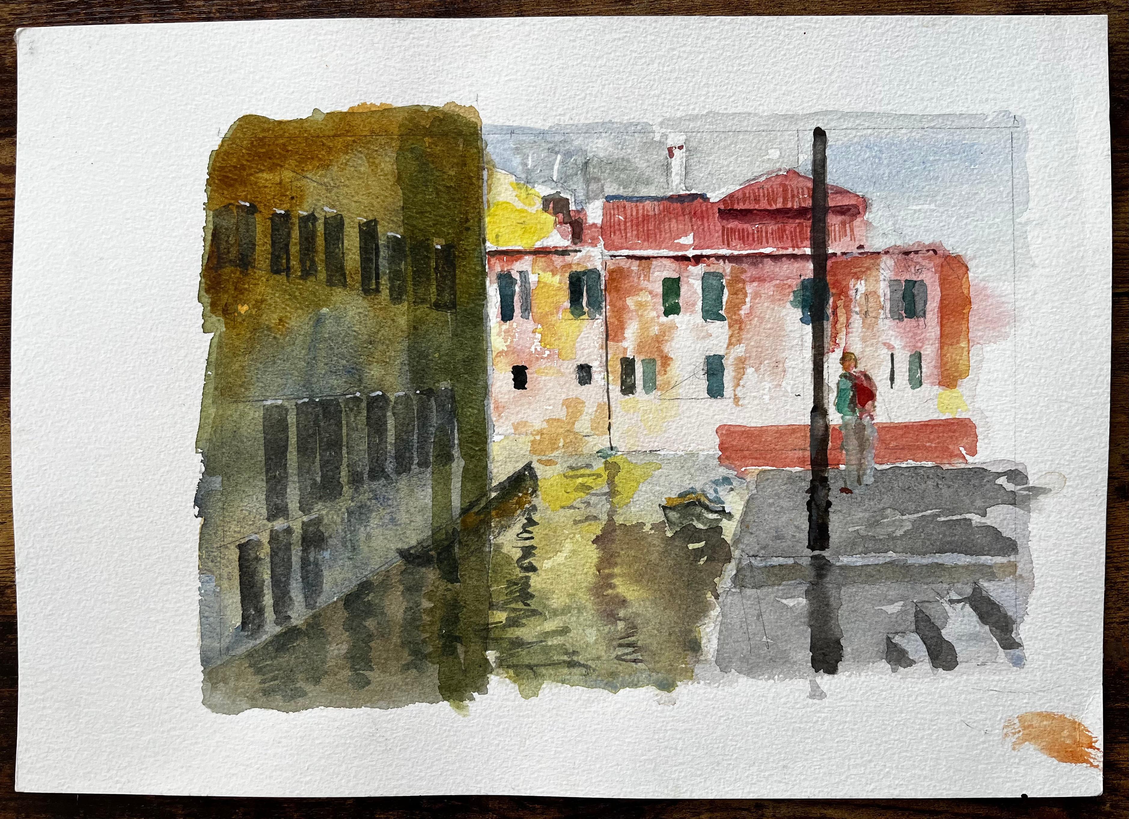 Venice Canal Scene With Figure And Reflections Original Watercolour Painting - Brown Landscape Painting by Anthony Herbert