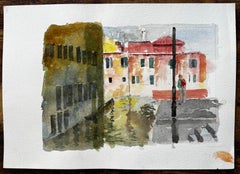 Scena del canale di Venezia con figura e riflessi Pittura originale ad acquerello