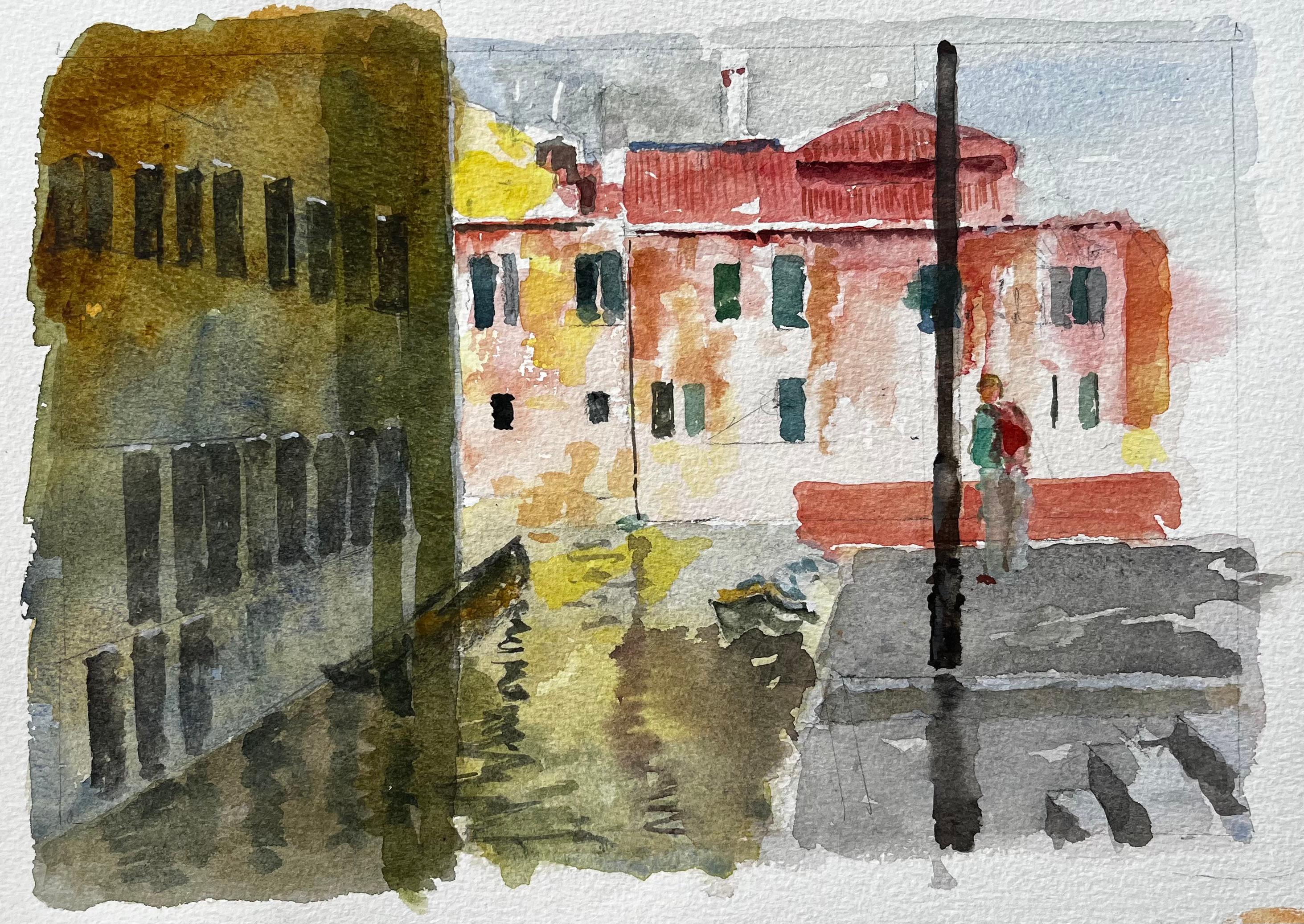 Anthony Herbert Landscape Painting - Venice Canal Scene With Figure And Reflections Original Watercolour Painting