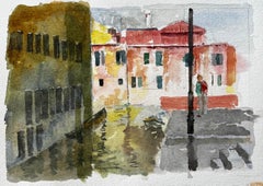 Used Venice Canal Scene With Figure And Reflections Original Watercolour Painting