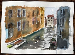 Scena del canale di Venezia con gondola e riflessi Pittura originale ad acquerello
