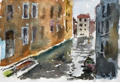 Escena del canal de Venecia con góndola y reflejos Pintura original en acuarela