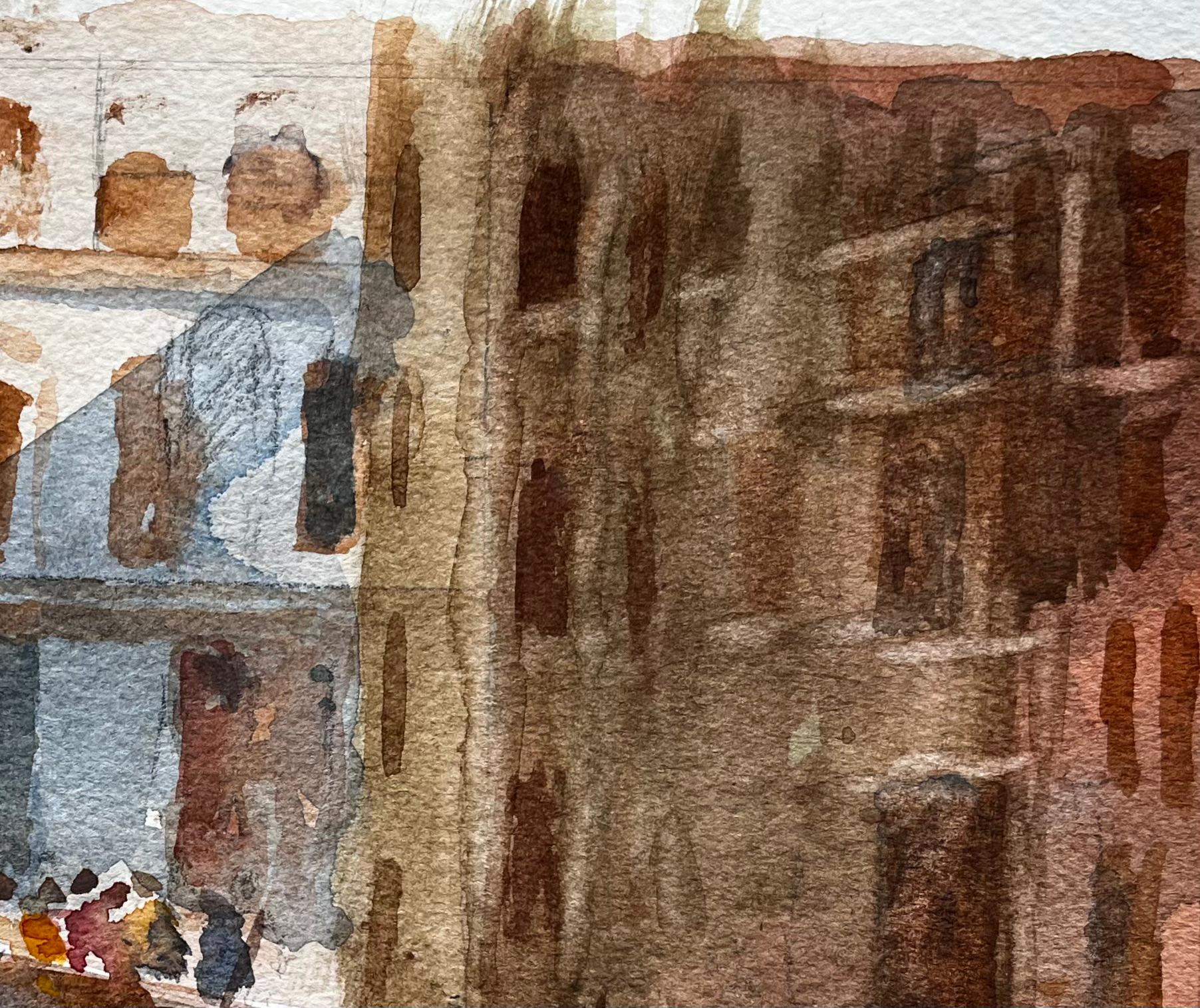 Venice Canal Scene with Gondolas Signed Watercolour by Tony Herbert - Brown Landscape Painting by Anthony Herbert