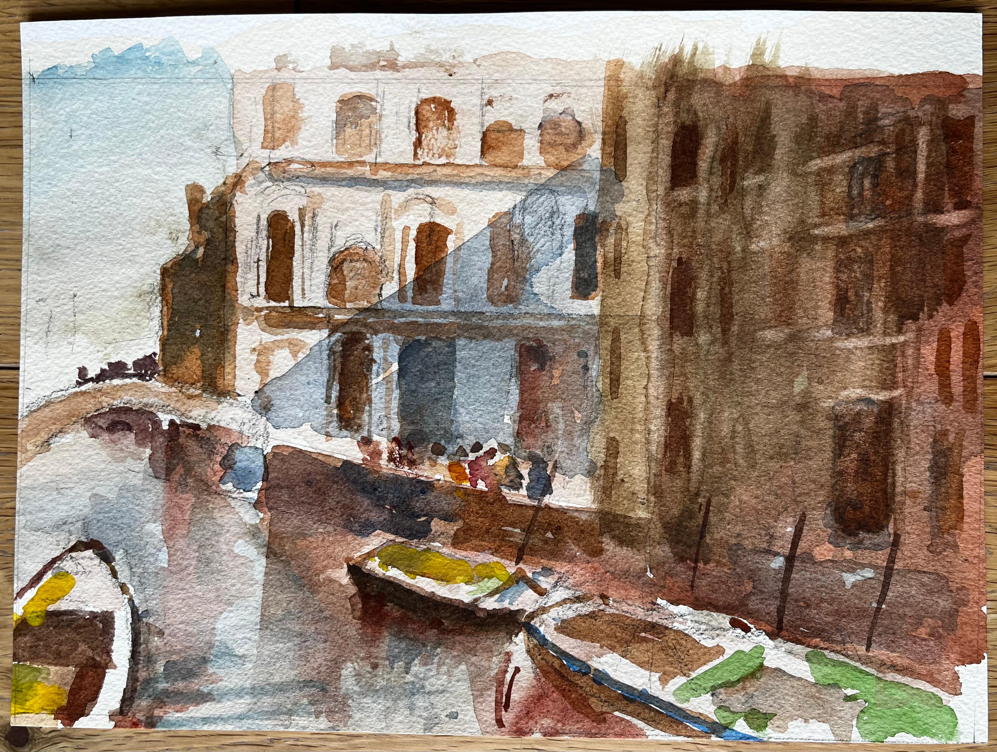 Venice Canal Scene with Gondolas Signed Watercolour by Tony Herbert For Sale 2