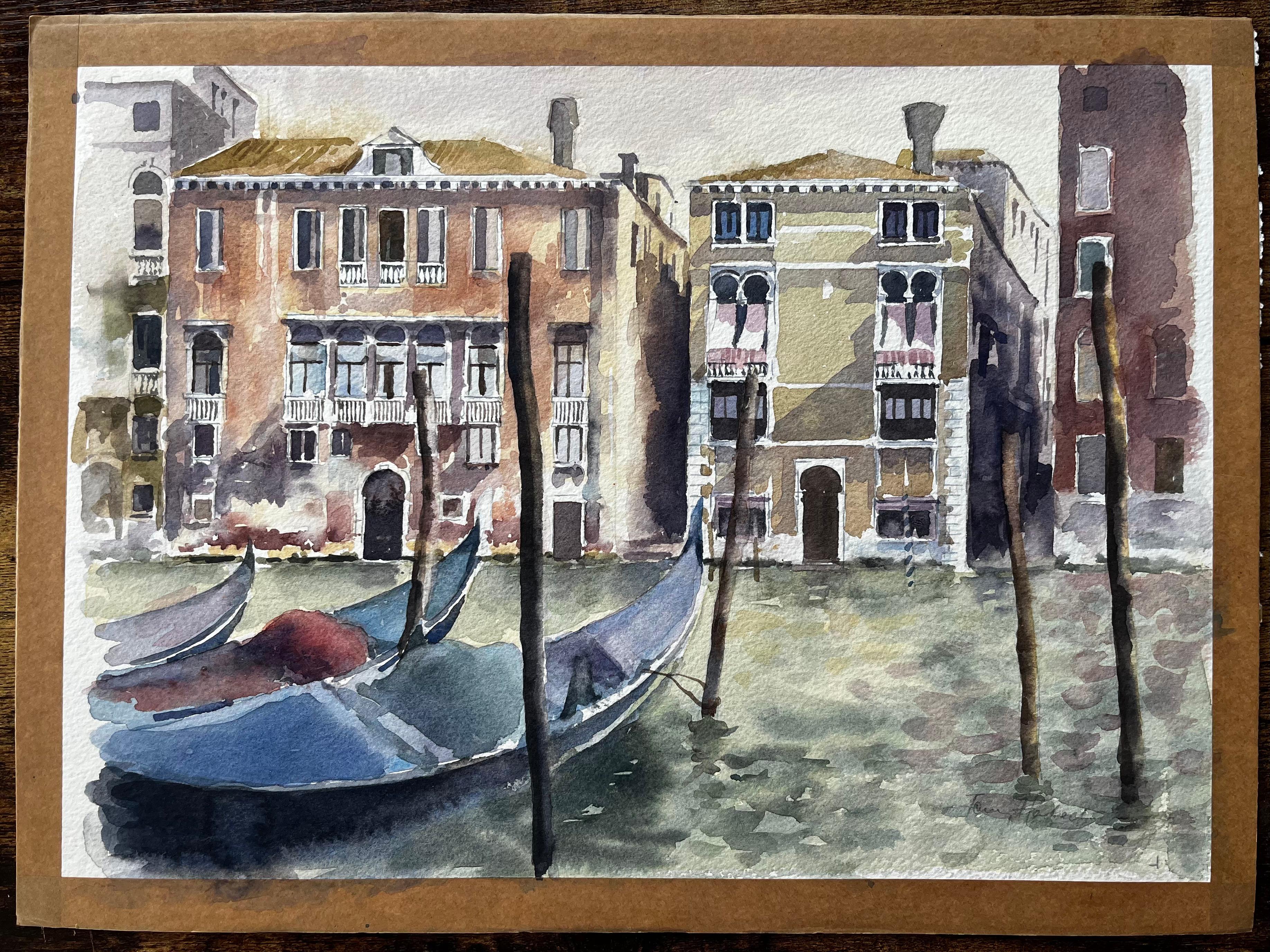 Venice Grand Canal Gondolas And Palazzos Original Watercolour Painting - Gray Landscape Painting by Anthony Herbert