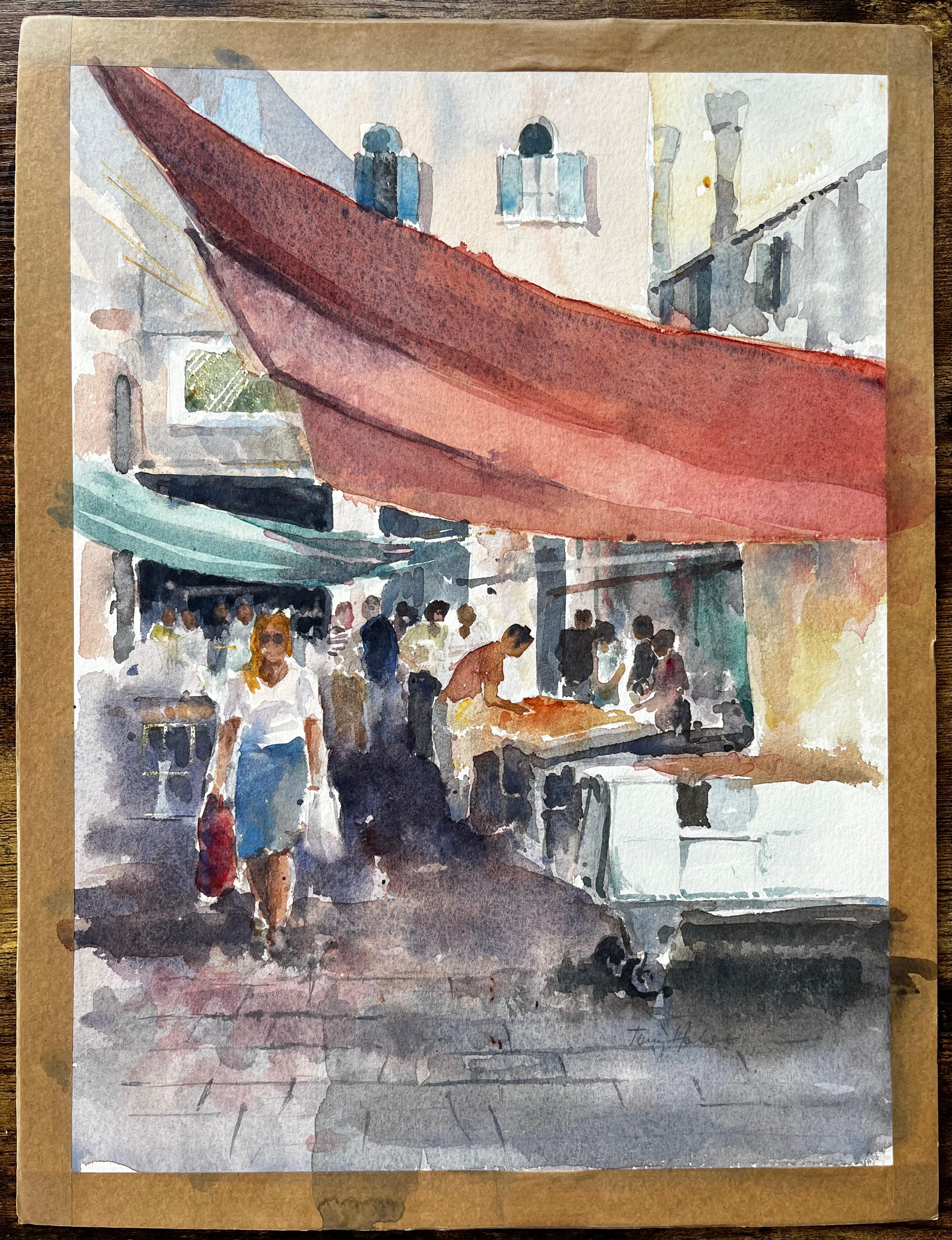 Scène de marché à Venise avec personnages et auvents Peinture originale à l'aquarelle - Art de Anthony Herbert