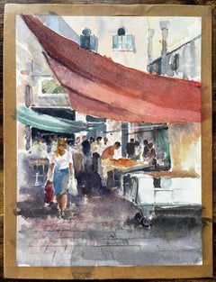 Venice Market Scene With Figures and Canopies Original Watercolour Painting