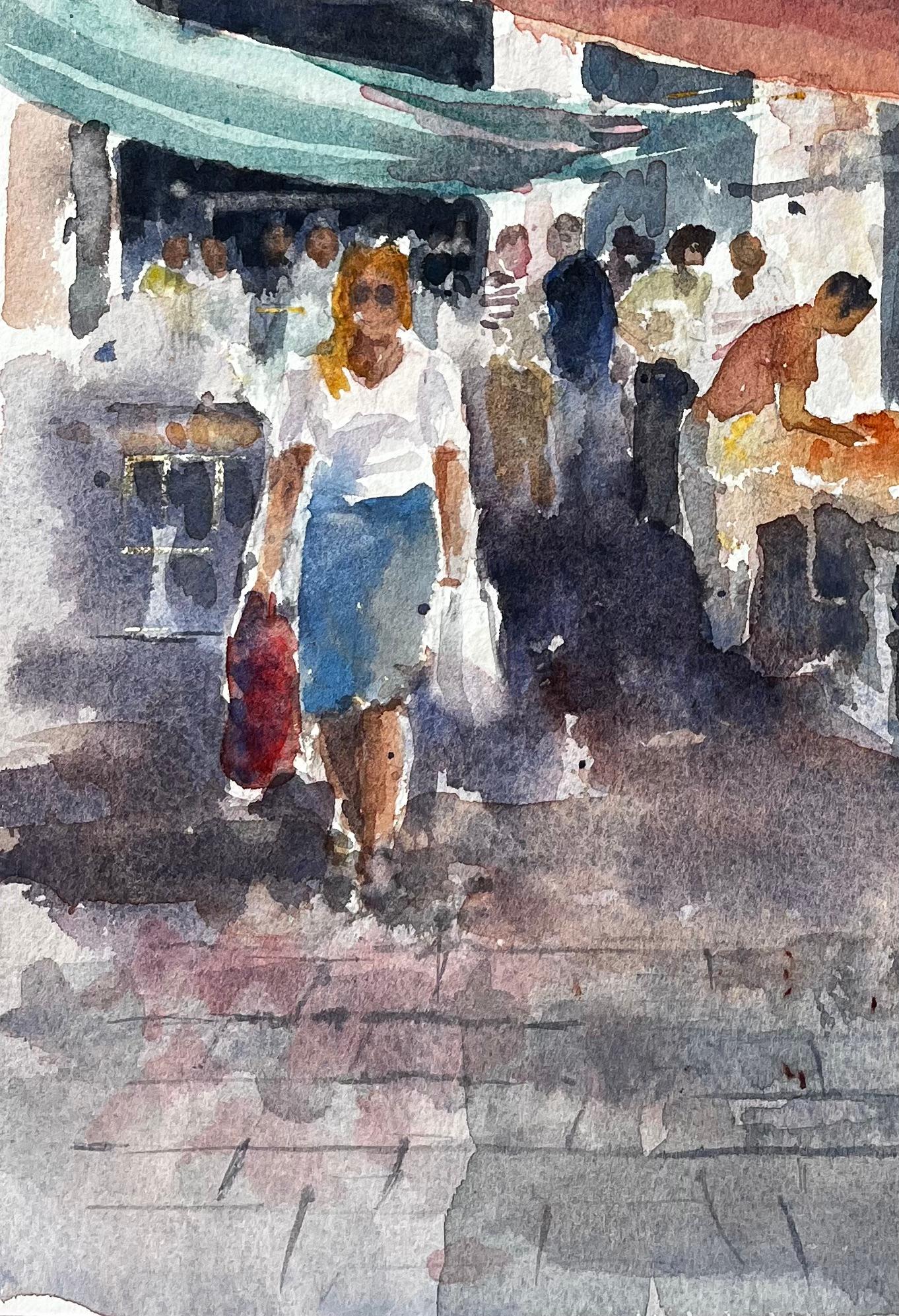 Scène de marché à Venise avec personnages et auvents Peinture originale à l'aquarelle - Impressionnisme Art par Anthony Herbert