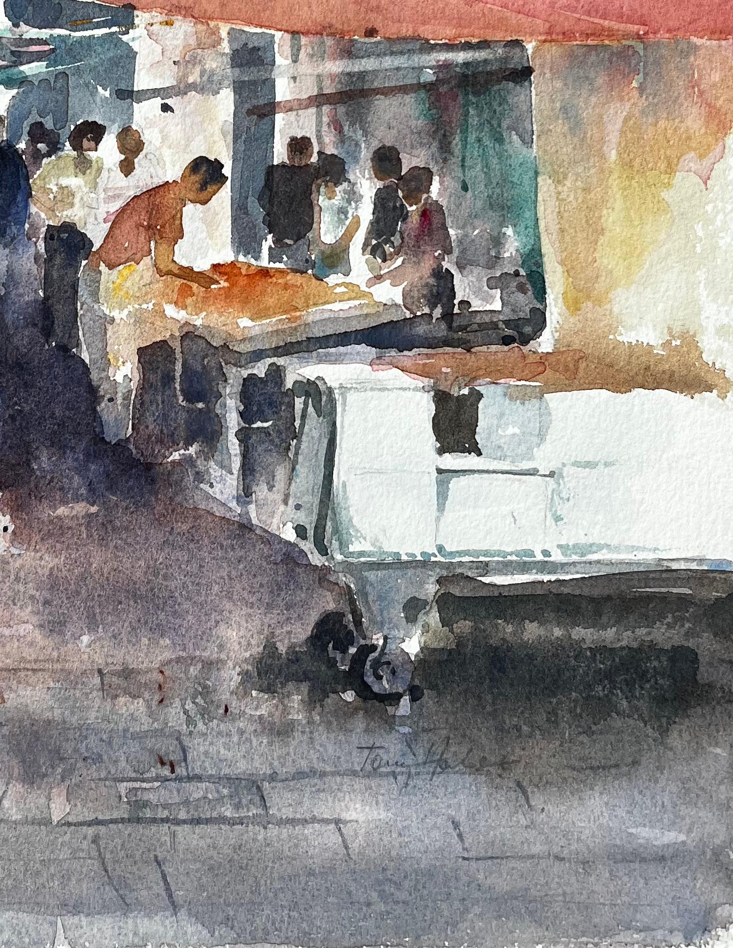 Scène de marché à Venise avec personnages et auvents Peinture originale à l'aquarelle - Marron Landscape Art par Anthony Herbert