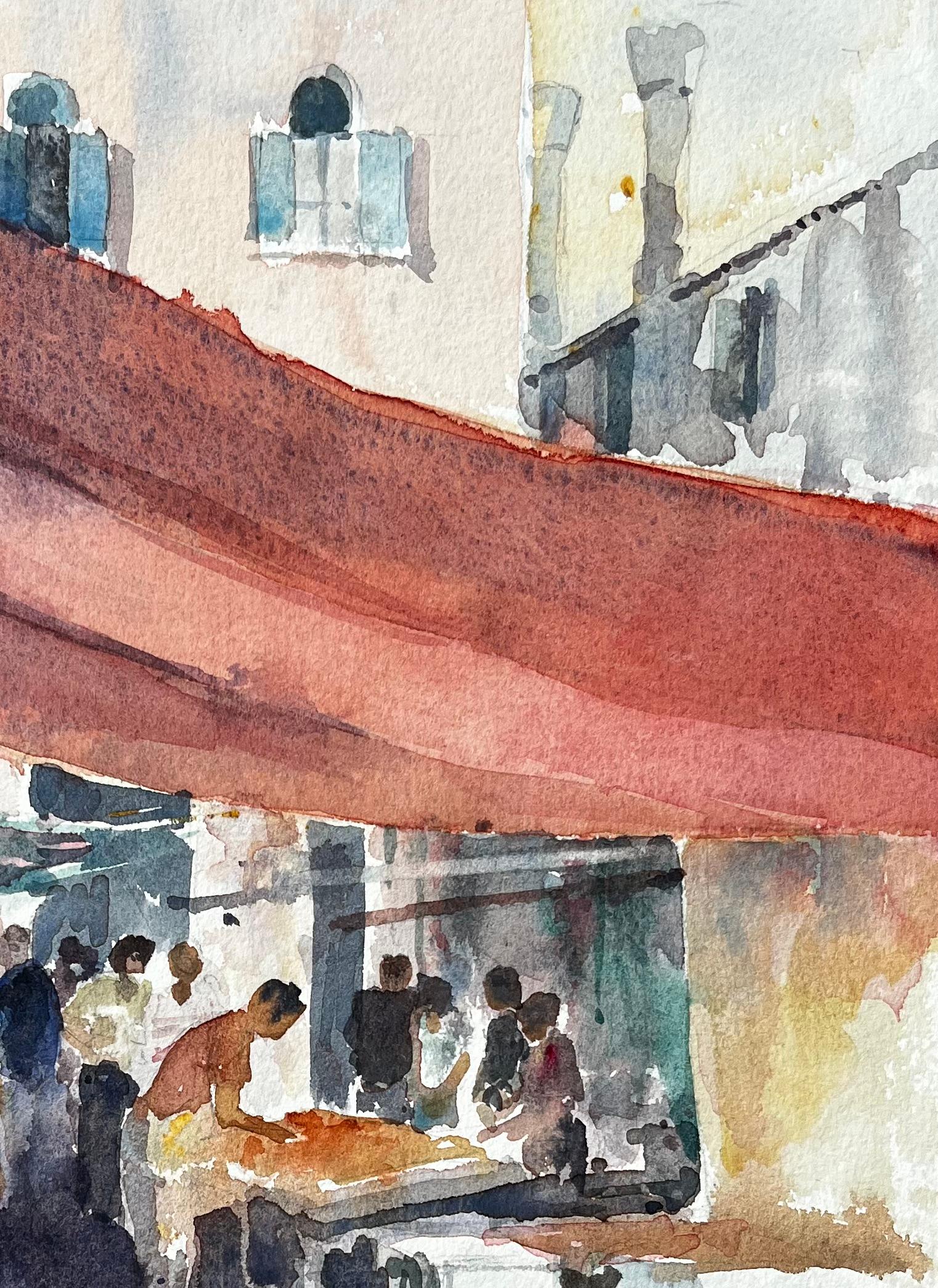 Scène de marché à Venise avec personnages et auvents Peinture originale à l'aquarelle en vente 1