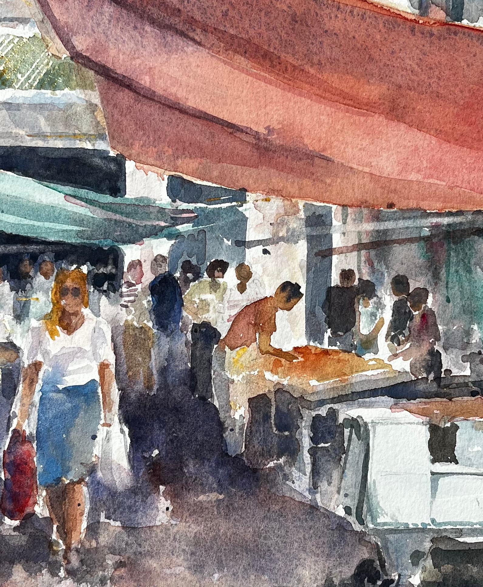 Scène de marché à Venise avec personnages et auvents Peinture originale à l'aquarelle en vente 2