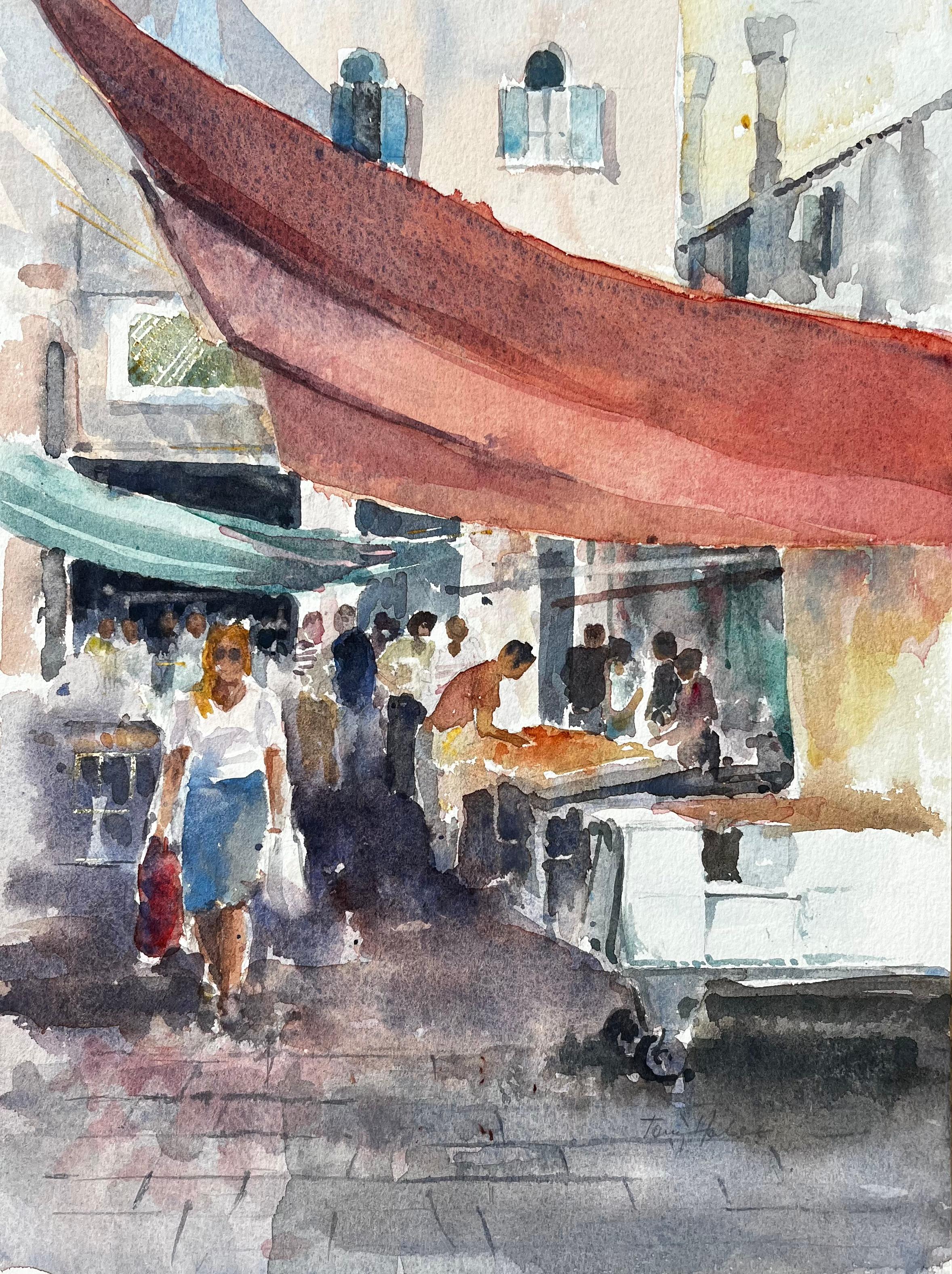 Landscape Art Anthony Herbert - Scène de marché à Venise avec personnages et auvents Peinture originale à l'aquarelle