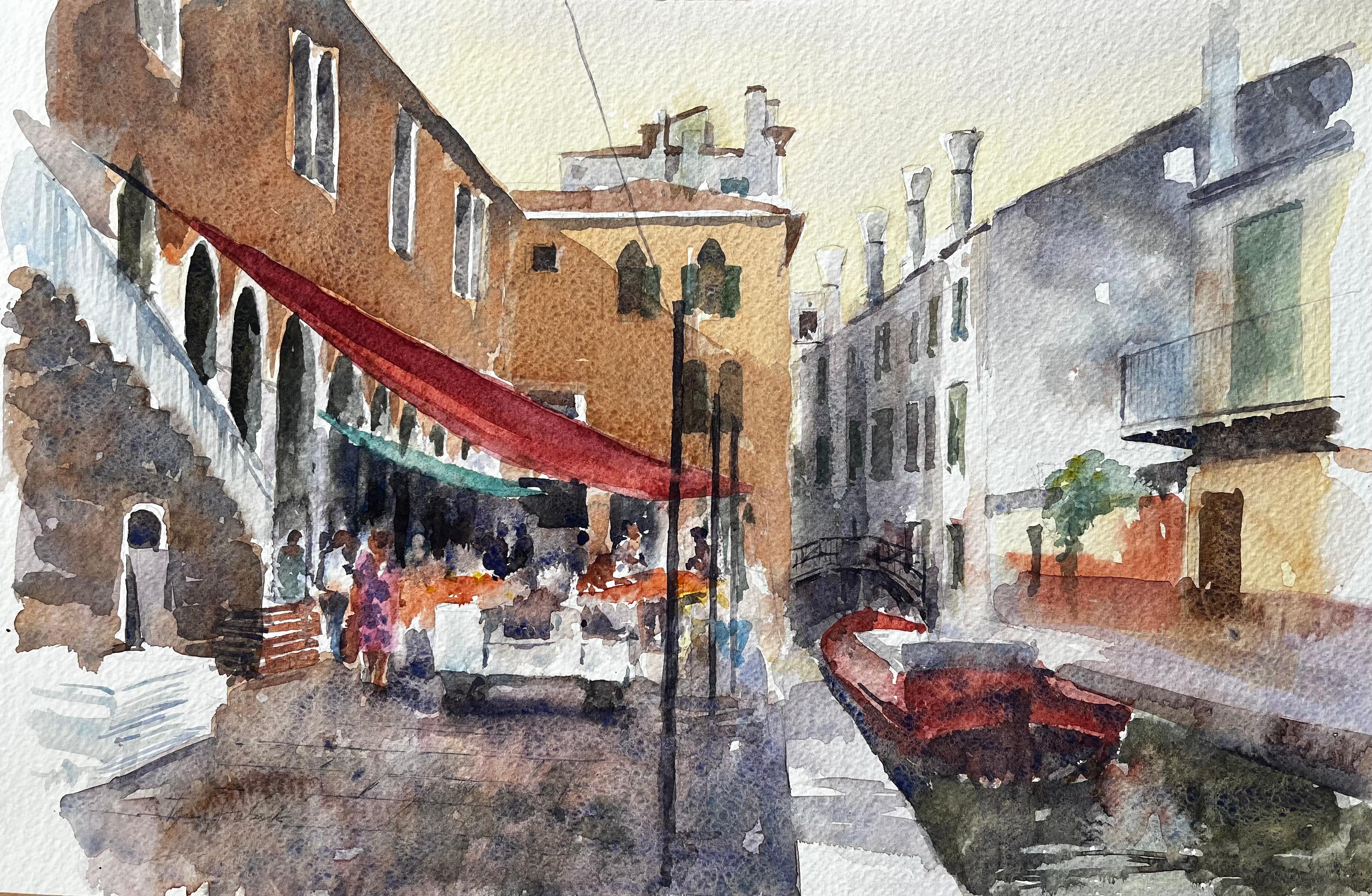 Landscape Painting Anthony Herbert - Scène de marché à Venise avec bateau rouge et pont de canal Peinture aquarelle originale