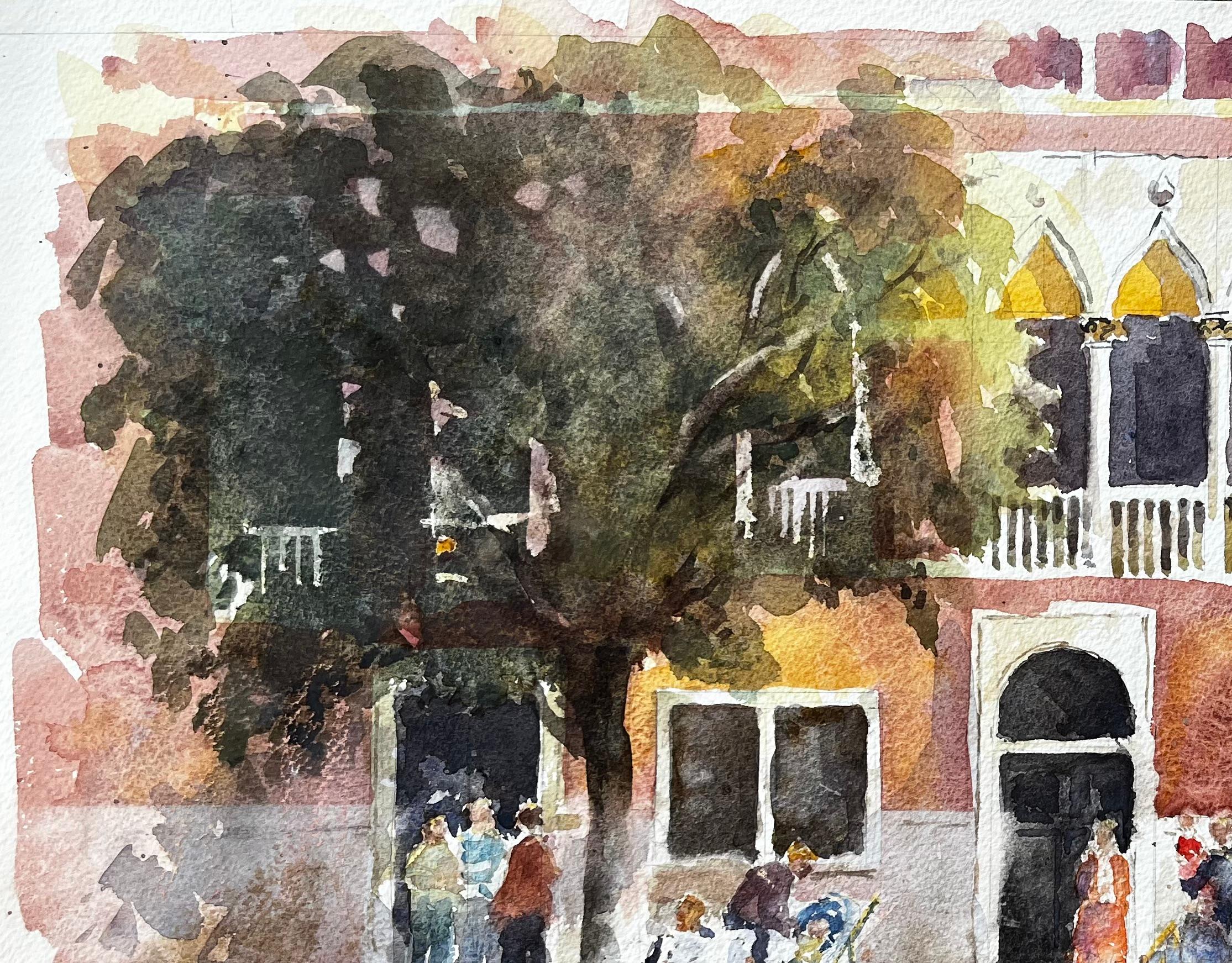 Venice Palazzo With Artists Painting En Plein Air Original Watercolour Scene (Scène aquarelle) en vente 1