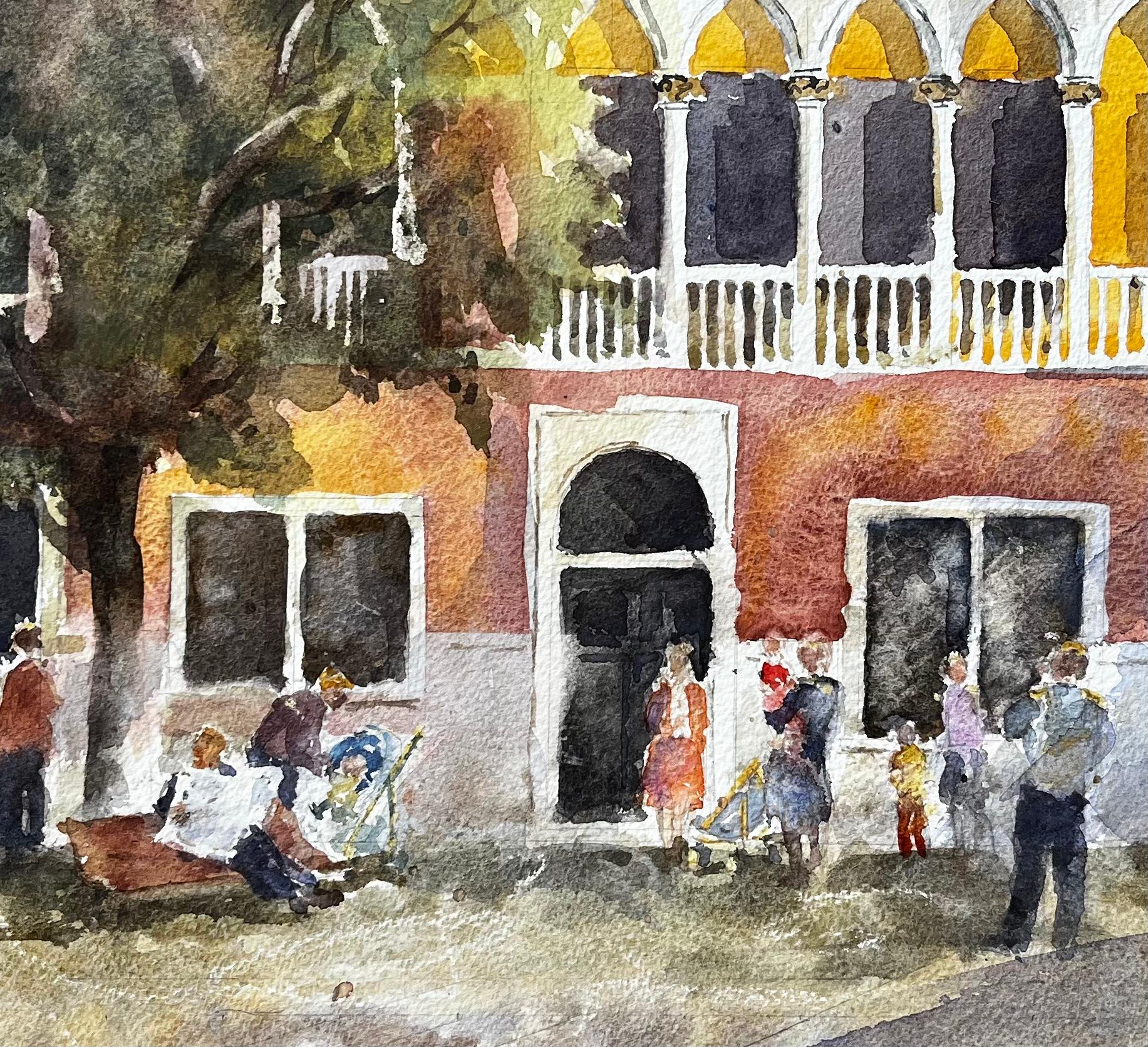 Venice Palazzo With Artists Painting En Plein Air Original Watercolour Scene (Scène aquarelle) en vente 3