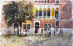Venecia Palazzo Con Artistas Pintando En Plein Air Escena Original Acuarela