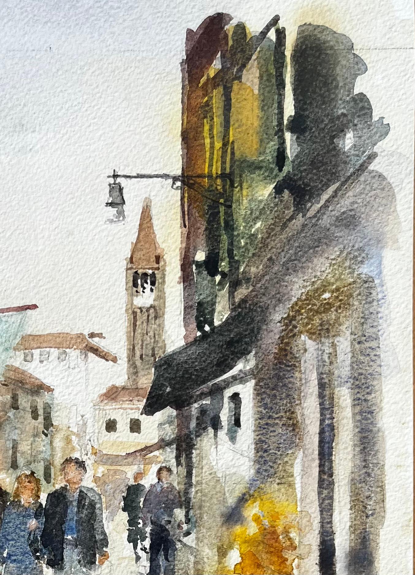 Scène de rue à Venise avec personnages, étals de marché, tour Aquarelle originale - Impressionnisme Art par Anthony Herbert