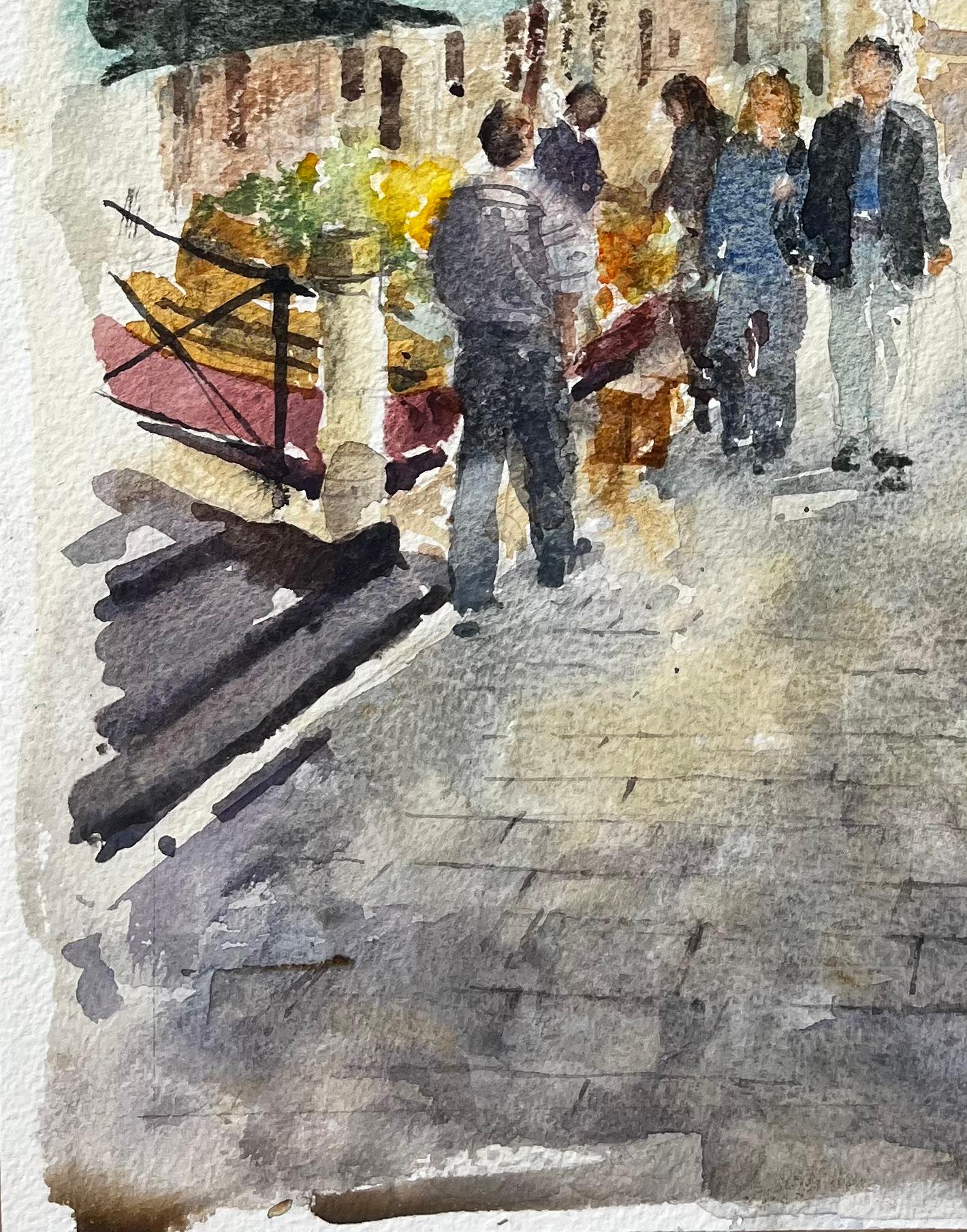 Scène de rue à Venise avec personnages, étals de marché, tour Aquarelle originale en vente 1