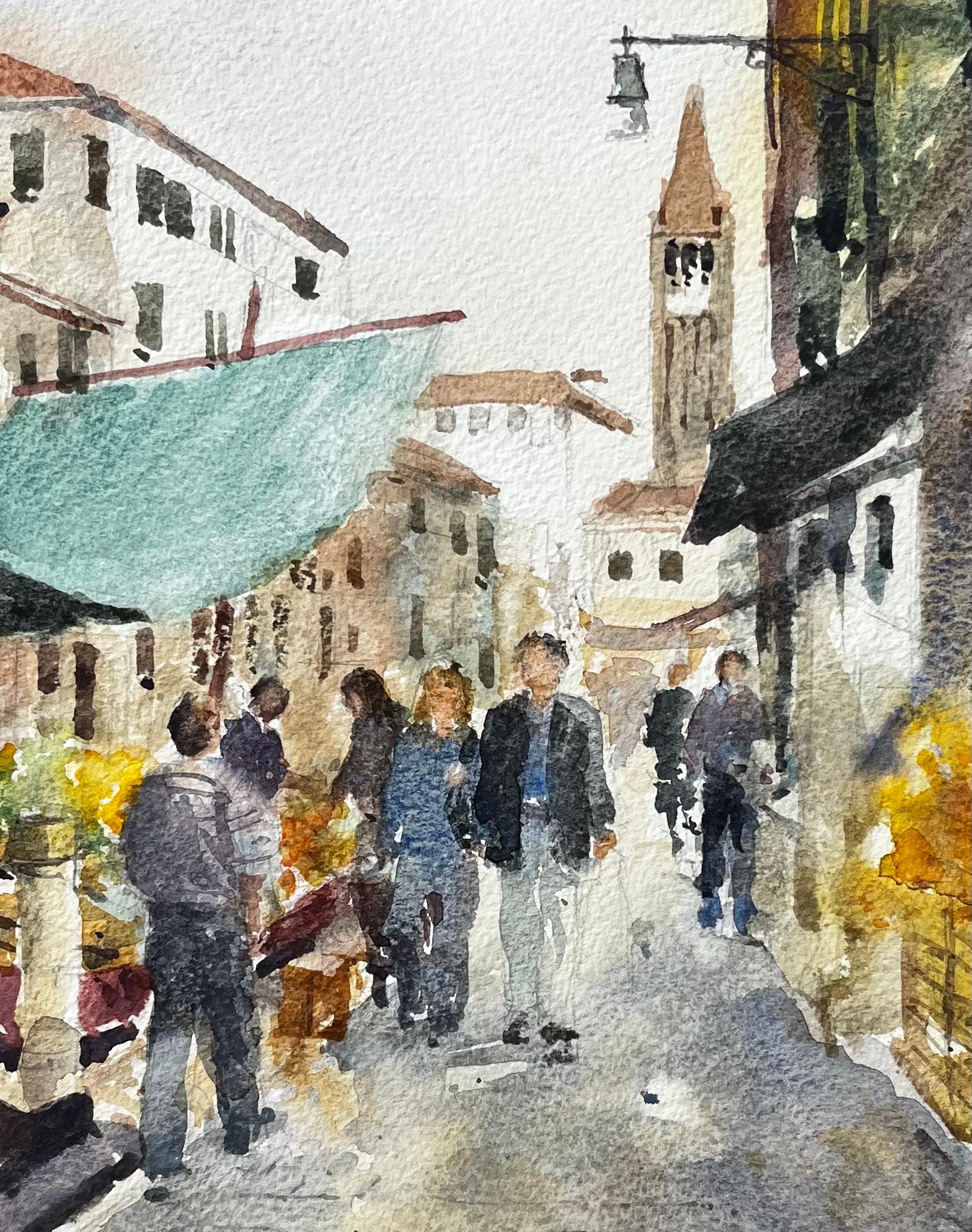 Scène de rue à Venise avec personnages, étals de marché, tour Aquarelle originale en vente 2