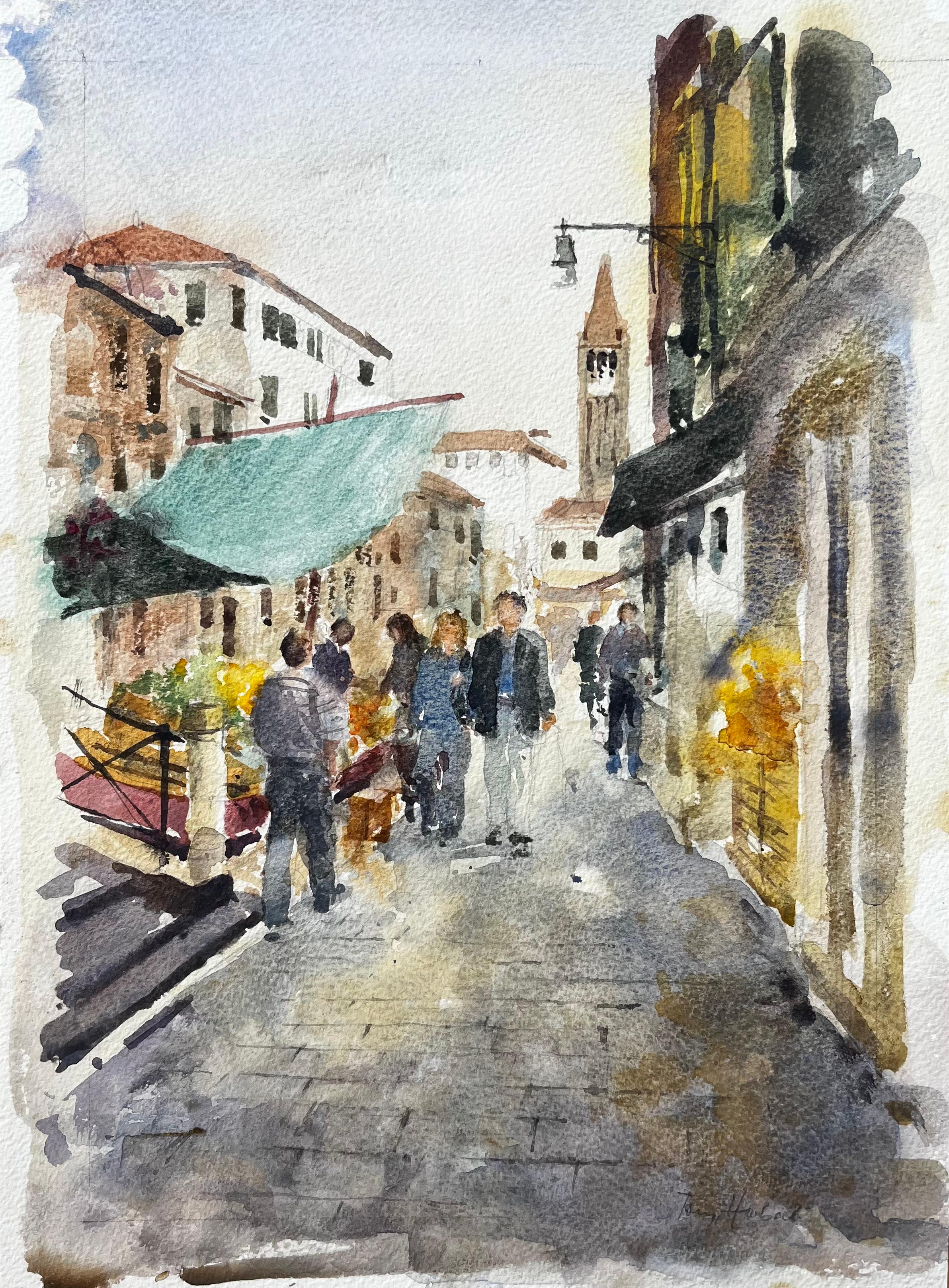 Landscape Art Anthony Herbert - Scène de rue à Venise avec personnages, étals de marché, tour Aquarelle originale
