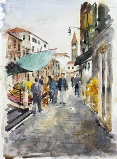 Venecia Escena Callejera Con Figuras Puestos De Mercado Torre Acuarela Original