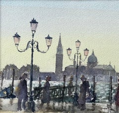 Venice Waterfront Painting With Gondolas And Lampposts Original Watercolour