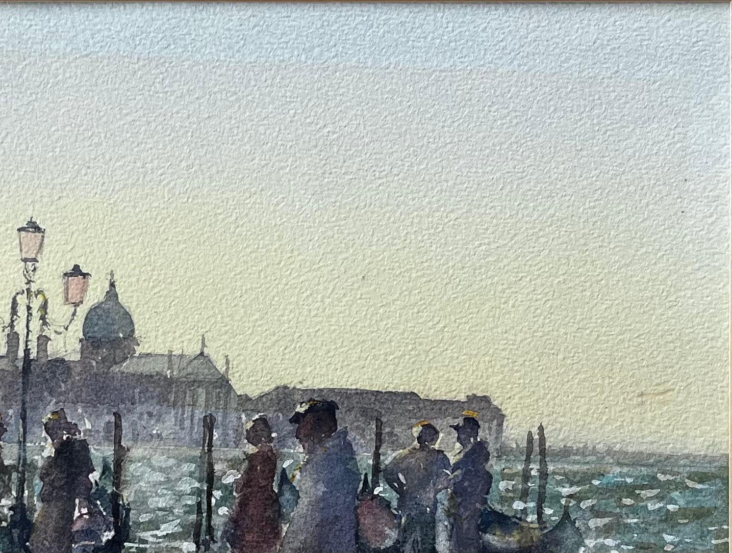 Venedig Waterfront Gemälde mit Gondeln und Lampposts Original Aquarell im Angebot 1