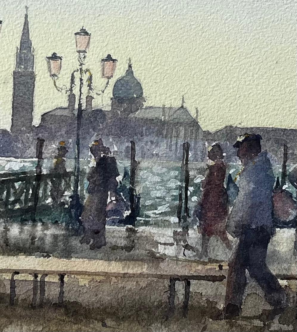 Venedig Waterfront Gemälde mit Gondeln und Lampposts Original Aquarell im Angebot 2