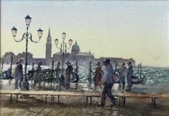 Pintura de la orilla de Venecia con góndolas y farolas Acuarela original