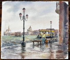Venecia Escena Costera Con Farolas Y Vaporetto Acuarela Original