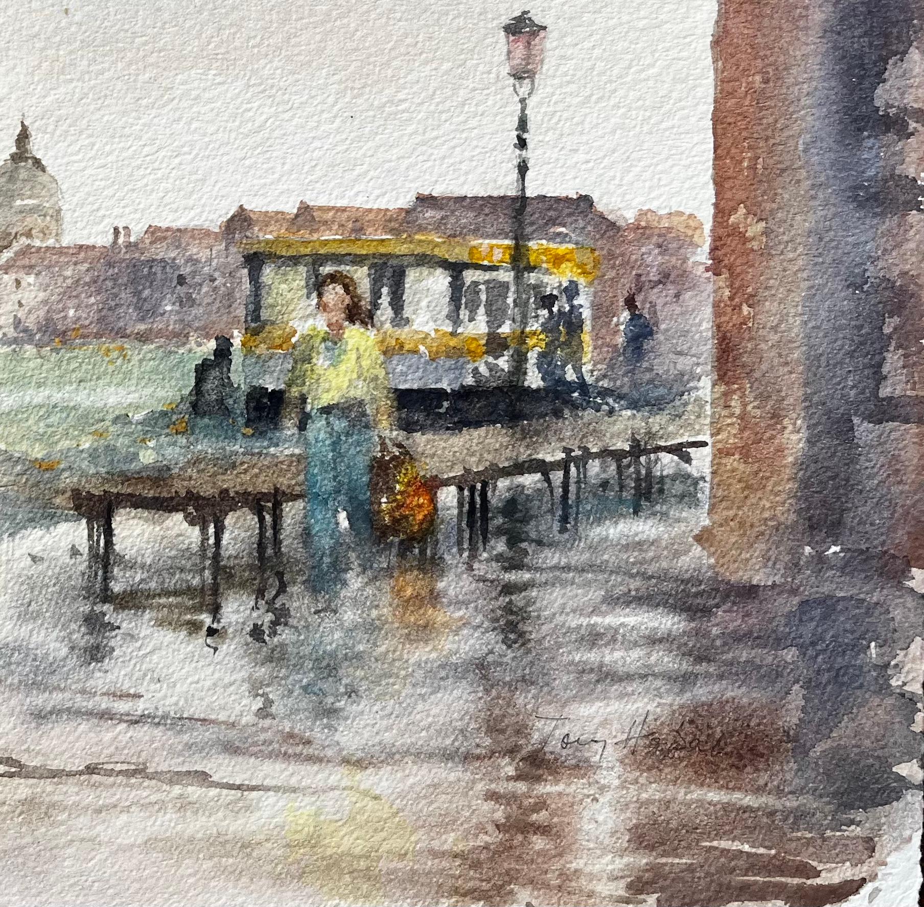 Venedig Waterfront Szene mit Laternenpfählen und Vaporetto Original Aquarell (Impressionismus), Painting, von Anthony Herbert
