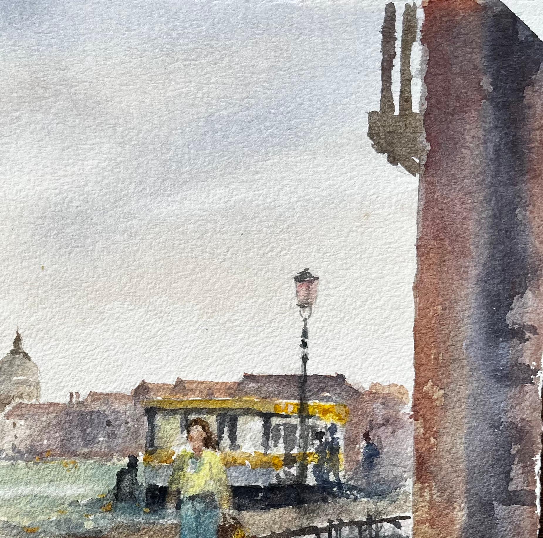 Venedig Waterfront Szene mit Laternenpfählen und Vaporetto Original Aquarell im Angebot 1